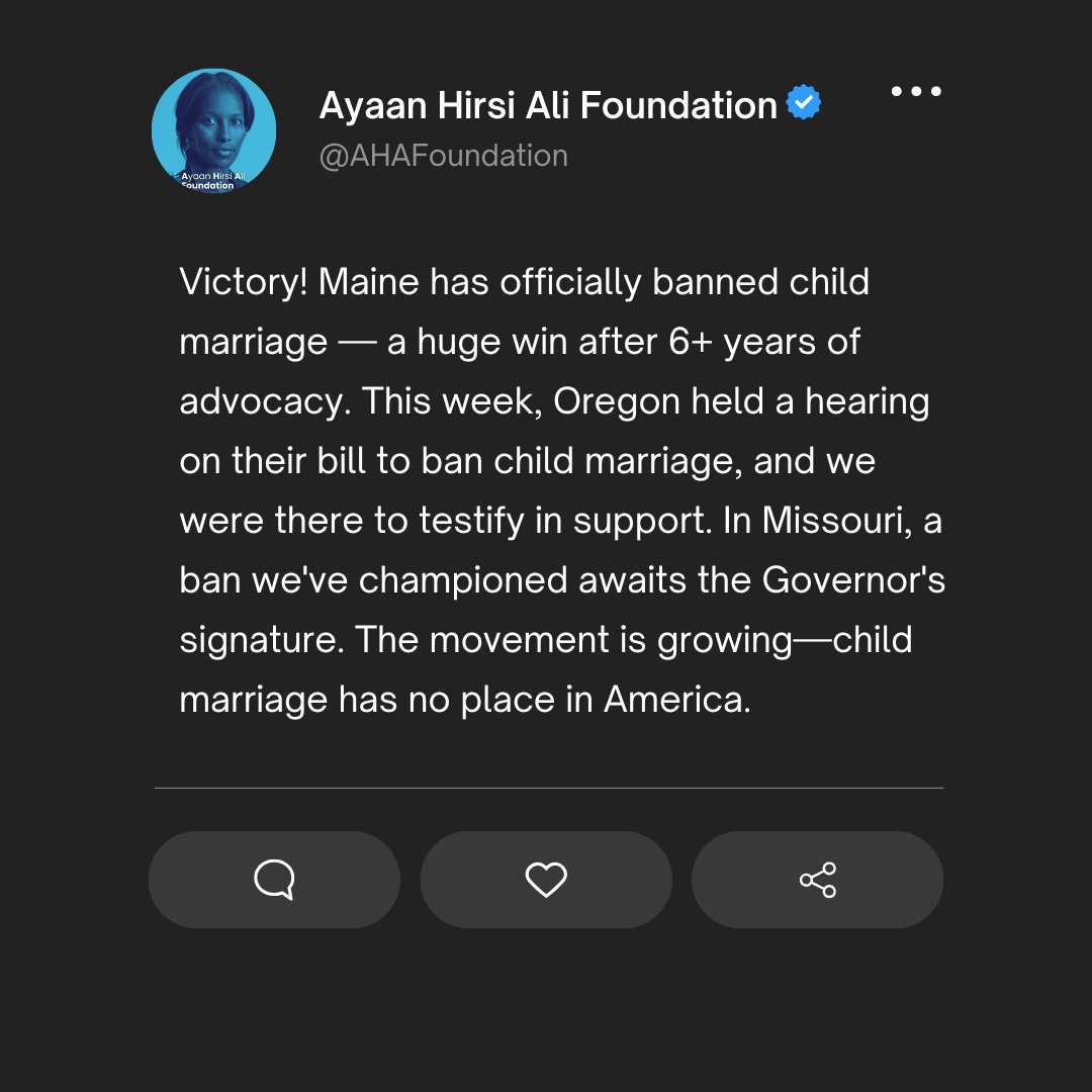 A milestone worth celebrating: Maine just banned child marriage! This week, we testified in Oregon in support of a similar bill. The fight continues in Missouri, where a ban awaits the Governor’s signature. The movement is gaining ground—and we’re not stopping.