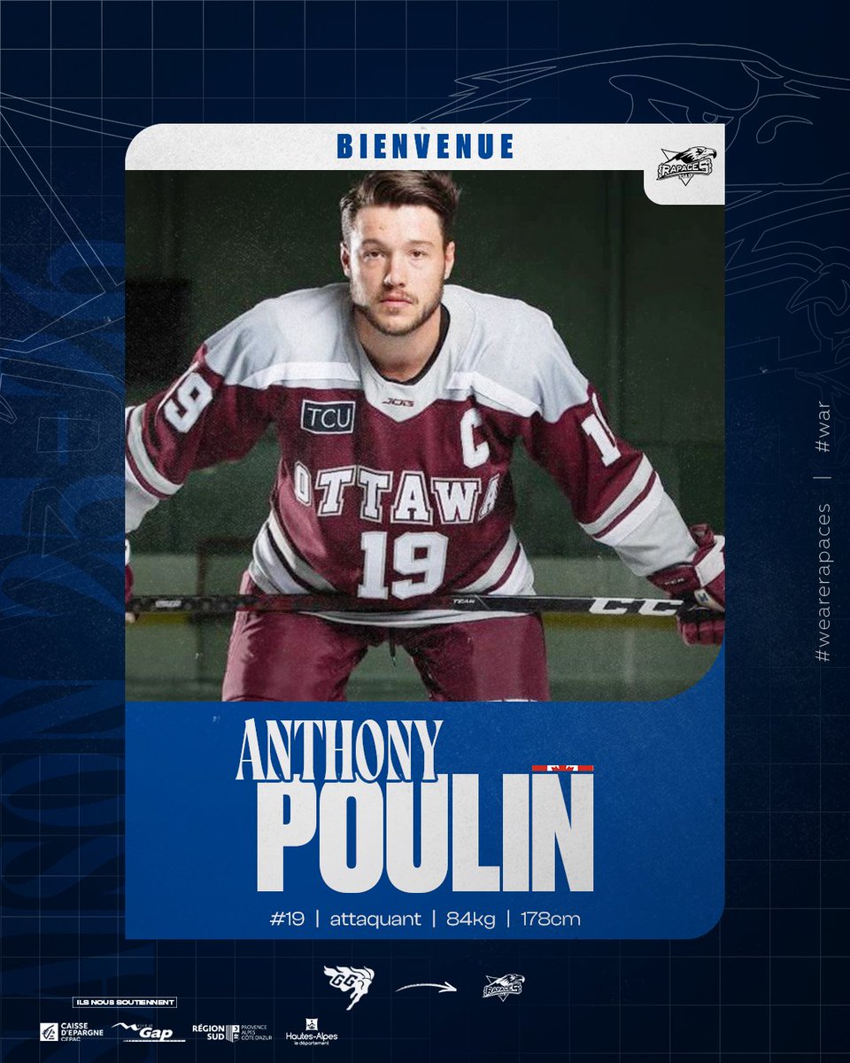 📣 Anthony Poulin rejoint les Rapaces !
L’attaquant canadien de 25 ans débarque à Gap après un solide parcours universitaire avec l’Université d’Ottawa.