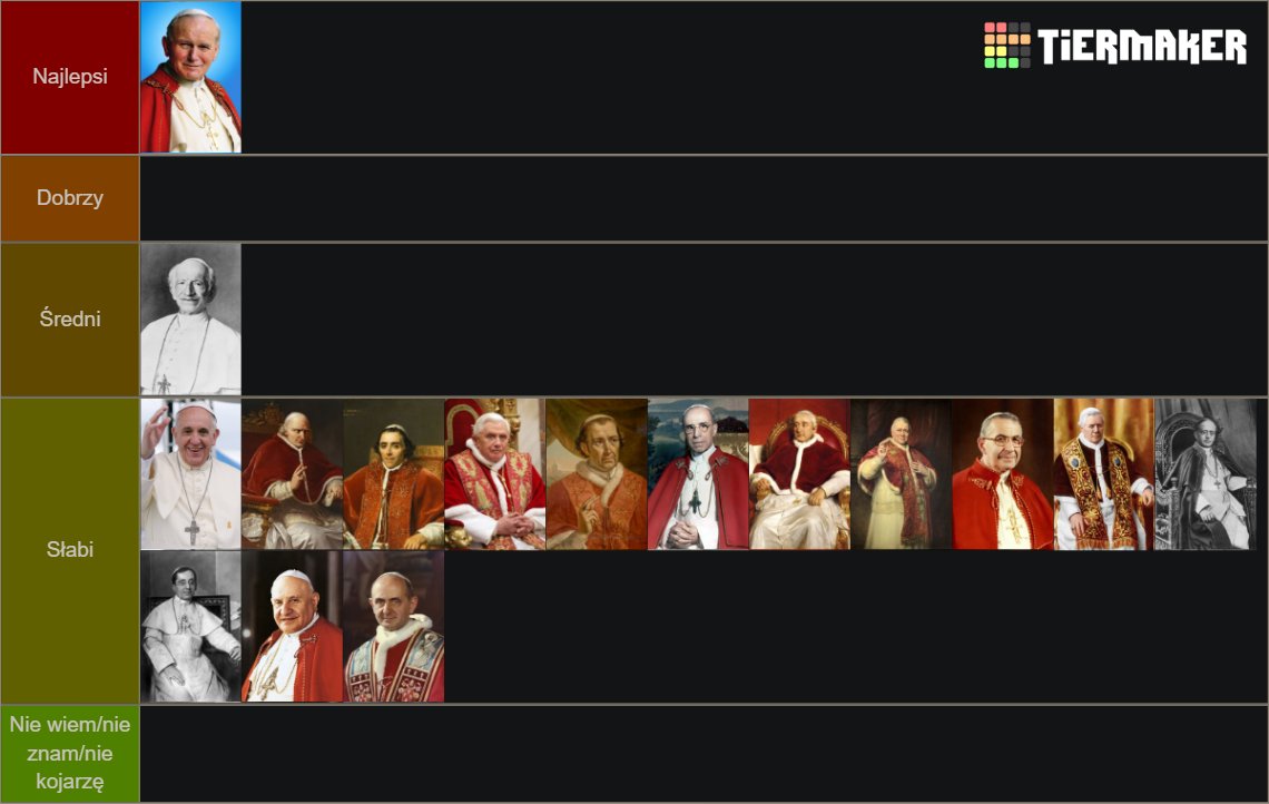 Mlekosz666's tweet photo. moja tierlista papiezuw
#papiez #siemano #kolano #pope #popey #popek #chill #mundo https://t.co/9bv6y9zlRz