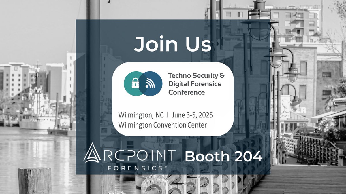 🚨 ArcPoint Forensics is heading to #TechnoSecurity in beautiful Wilmington, NC! 🌊

🗓️ June 3–5, 2025
📍 Booth 204 | Right on the Riverwalk

Great tech. Great sessions. Great vibes.
Don’t miss it — register today! 🔍✨
#DigitalForensics #ForensicsConference #ATRIO #WilmingtonNC