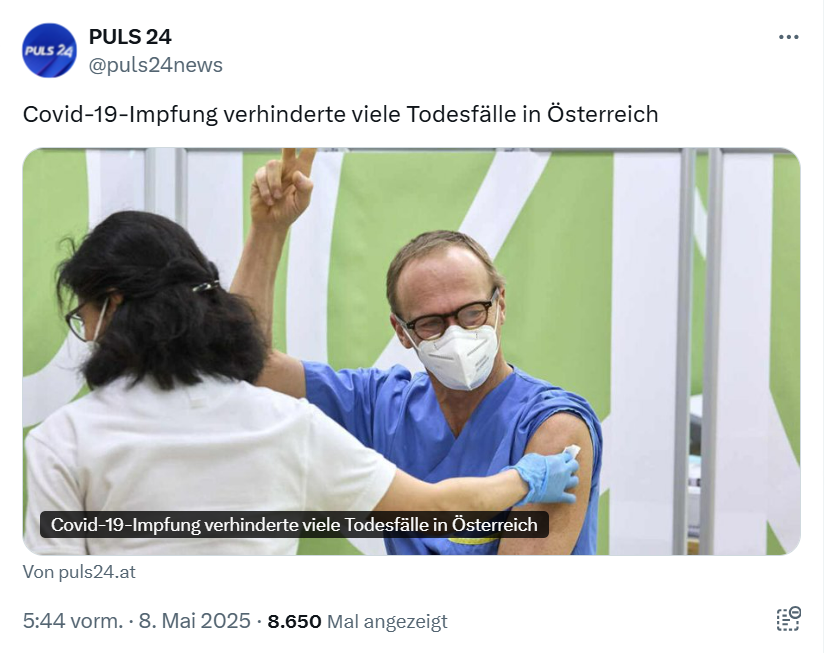 Covid ist eine Geisteskrankheit, die zur Chronifizierung neigt. 🤣😂😇
Post vom 8.5.2025
<a href="/puls24news/">PULS 24</a>