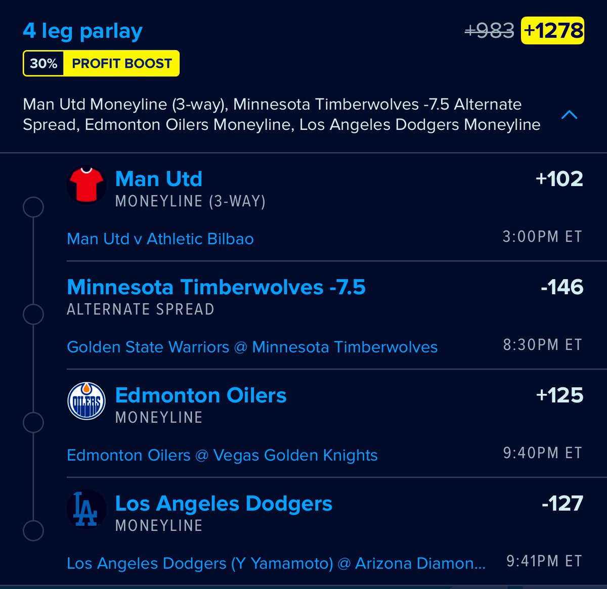 _calgreens's tweet photo. Multi sport lay

#Parlay #NBA #NHL #MLB #UEFA https://t.co/5mW0tXZ6cG