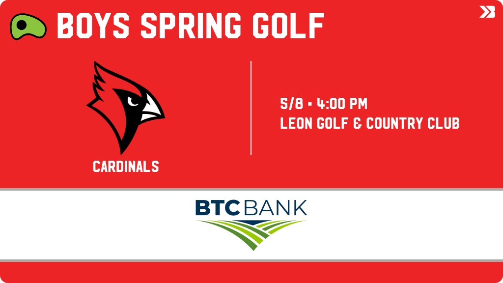 Boys Spring Golf (Varsity) Meet Day! - Check out the event preview for the Central Decatur Cardinals. It starts at 4:00 PM and is at Leon Golf &amp; Country Club. gobound.com/ia/ihsaa/bgs/2…