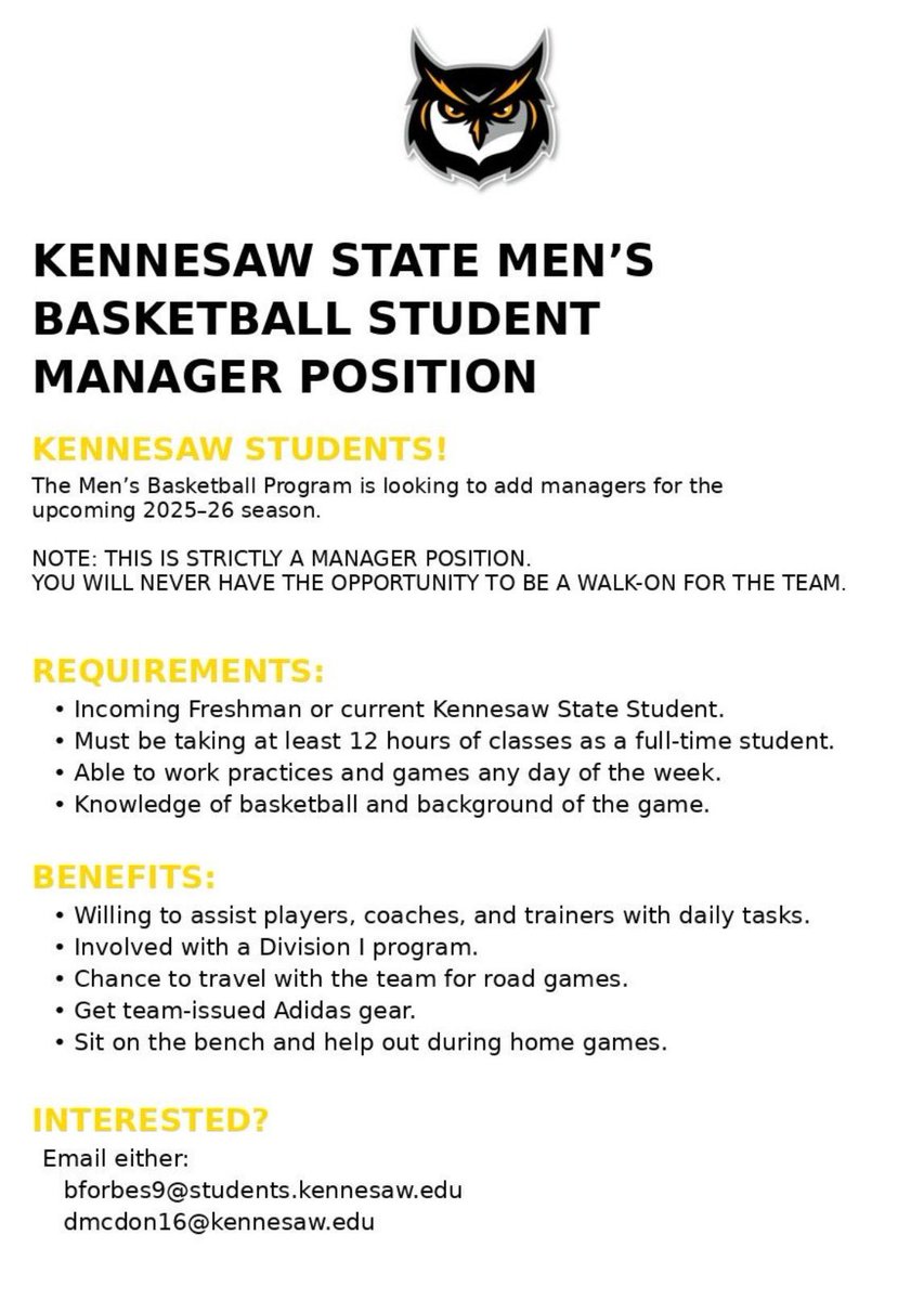 We are looking for new Student Managers for the upcoming season!!!