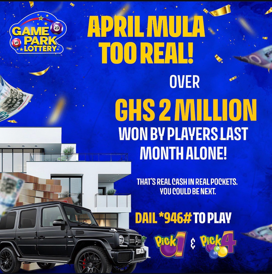 GamePark_GH's tweet photo. Over 2 million players won last month,
Pick 1 and Pick 4 are changing lives daily. Dial *946# and play Pick 1 and Pick 4 and see yourself smiling your way to some good mula.
#MoreMula #MorePower #GamePark #Pick1 #Pick4 https://t.co/waJOVHTwfV