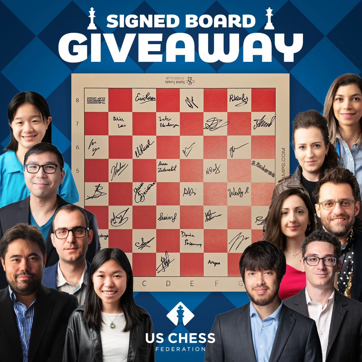 Now is your chance to win a board signed by 32 of the top U.S. chess players!

To enter:
📷 Follow <a href="/USChess/">US Chess</a> on IG, FB, X, or Twitch
📷 Like this post or comment during <a href="/SabinaFoisor/">Sabina Foisor</a>'s  US Chess #SuperNationalsVIII Livestream
📷 Comment once with your favorite signature player!