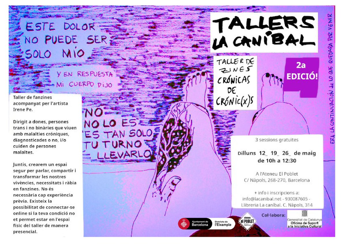 🟢 Dilluns 12, 19 i 26 de maig de 10 h a 12:30 h. Taller de fanzines "CRÓNICAS de CRÓNICX"
 Taller de fanzines "CRÓNICAS de CRÓNICX" organitzat per la llibreria La caníbal i a càrrec de la artista Irene Pe.