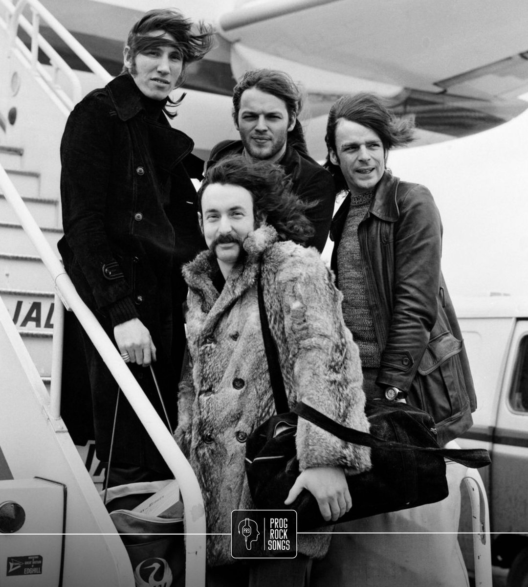 Pink Floyd on the steps of the jet they were travelling on just before flying to Tokyo for a 12-day tour, 3 March 1972 | L-R: Roger Waters, Nick Mason, David Gilmour, Rick Wright