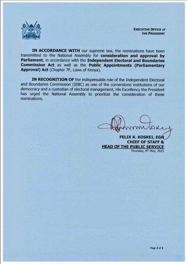 BREAKING News 

Immediate former TUK Vice Chancellor Francis Aduol, Former Rift Valley PC Hassan Noor, and Registrar of Political Parties Ann Nderitu leads a star-studded cast of nominees to the IEBC Commission. 

48-year-old Erastus Ethekon is your new chairperson.