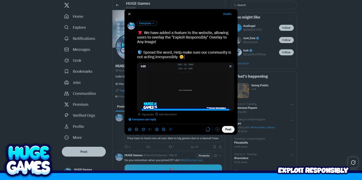 HackIntoGames's tweet image. 🎀 We have added a feature to the website, allowing users to overlay the &quot;Exploit Responsibly&quot; Overlay to Any Image! 

🛡️ Spread the word, Help make sure our community is not acting irresponsibly 😠
hugegames.io/responsibly