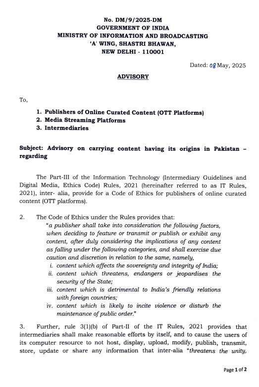 Avinashjha96's tweet image. In the interest of national security, all OTT platforms, media and intermediaries operating in India are advised to discontinue the web-series, films, songs, and other content having its origins in Pakistan with immediate effect.
@MIB_India
#IndiaPakistanWar #Recentdevelopment