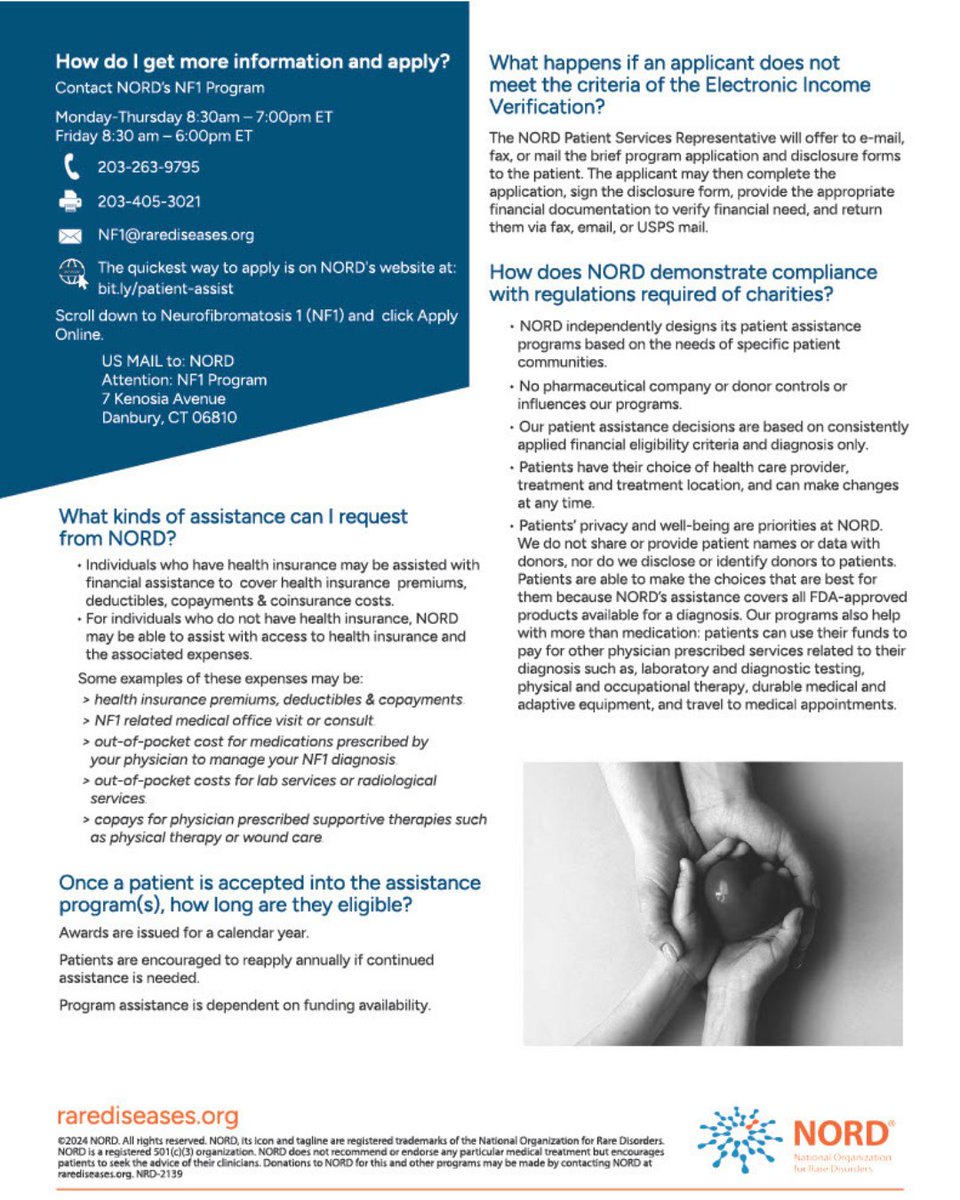Our #NORD Patient Assistance Program for #NF1 offers financial support for eligible individuals living with #Neurofibromatosis Type 1 to cover premiums and copays tied to treatment for this disorder. 

If you're on your NF1 journey, apply for assistance here: