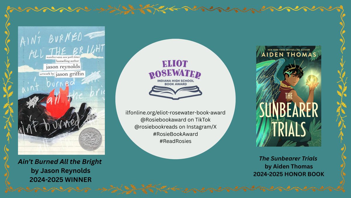 The 2024-2025 Eliot Rosewater Indiana High School Book Award winner and runner-up have been announced! Students across Indiana read the nominated titles each year and vote for their favorites.  For more information, please visit our website. 
bit.ly/43Vz0t3Students