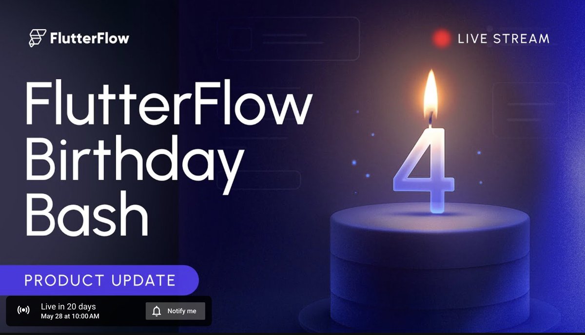 puf's tweet image. FlutterFlow Birthday Bash
💜 What: FlutterFlow 4-Year Celebration | Product Updates Livestream
🗓️ When: May 28 at 10am (pacific time)
🎥 Where: on YouTube
Set a reminder now, so that you don't miss it!
youtube.com/live/gYOrgBrX4…