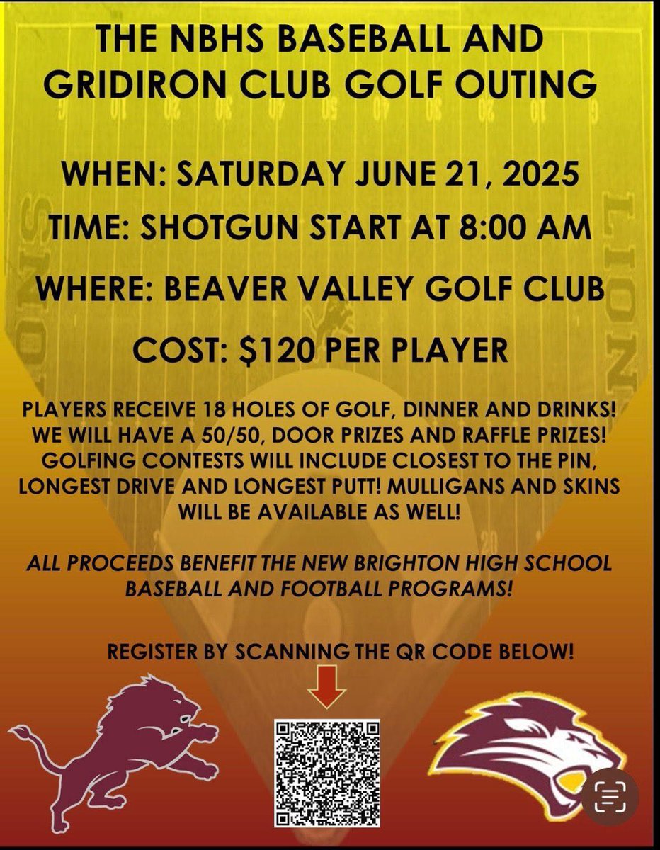 A golf outing fundraiser to benefit the New Brighton High School baseball and football programs has been organized for Saturday, June 21 at the Beaver Valley Golf Club.  Those interested can register online at tinyurl.com/yc4r79z3.