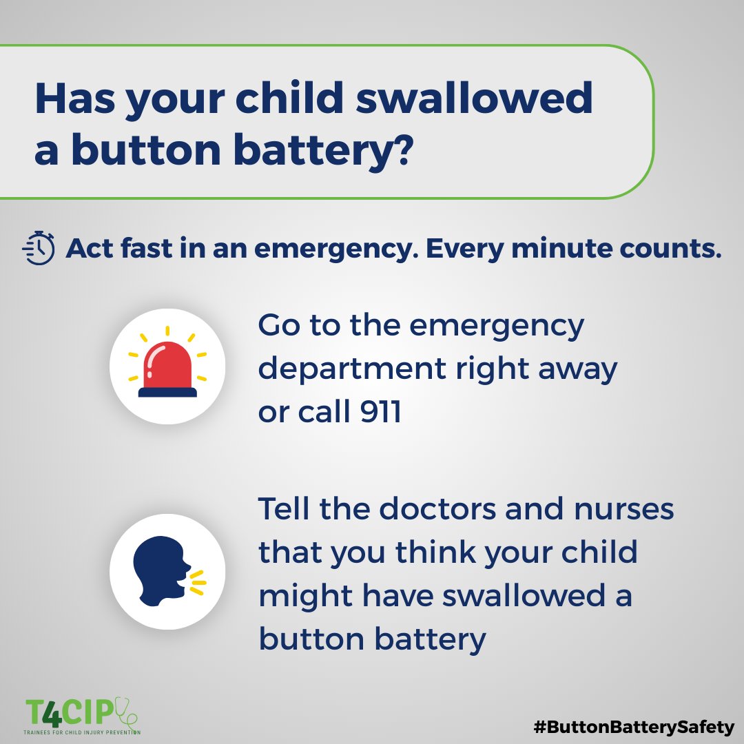 A5: If you see or think your kid swallowed a #ButtonBattery, act quickly. Go to the emergency dept right away or call 9-1-1. Tell the medical team you think your kid swallowed a button battery. Learn about the honey protocol to reduce the injury severity. #ButtonBatterySafety