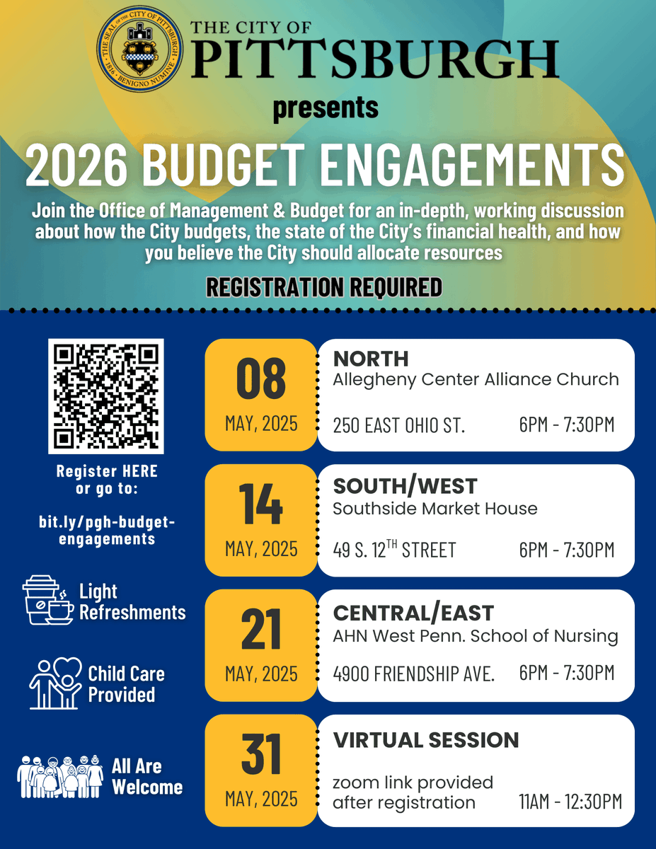 Make your voice heard!

Participate in the 2026 Budget Engagements and advocate for projects that you'd like to see in your neighborhood! 

Attend in person or engage virtually: engage.pittsburghpa.gov/city-pittsburg…