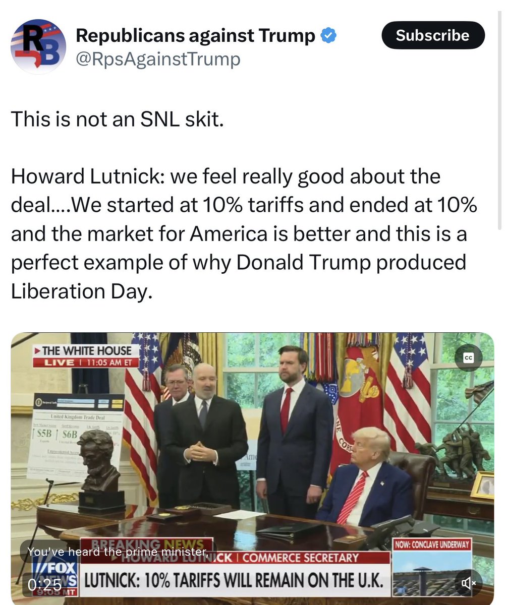 This is dumb and makes no sense. Starting with 10% indiscriminate tariffs and ending with 10% indiscriminate tariffs means that American consumers will continue to pay exactly the same tariff tax before this “deal”.