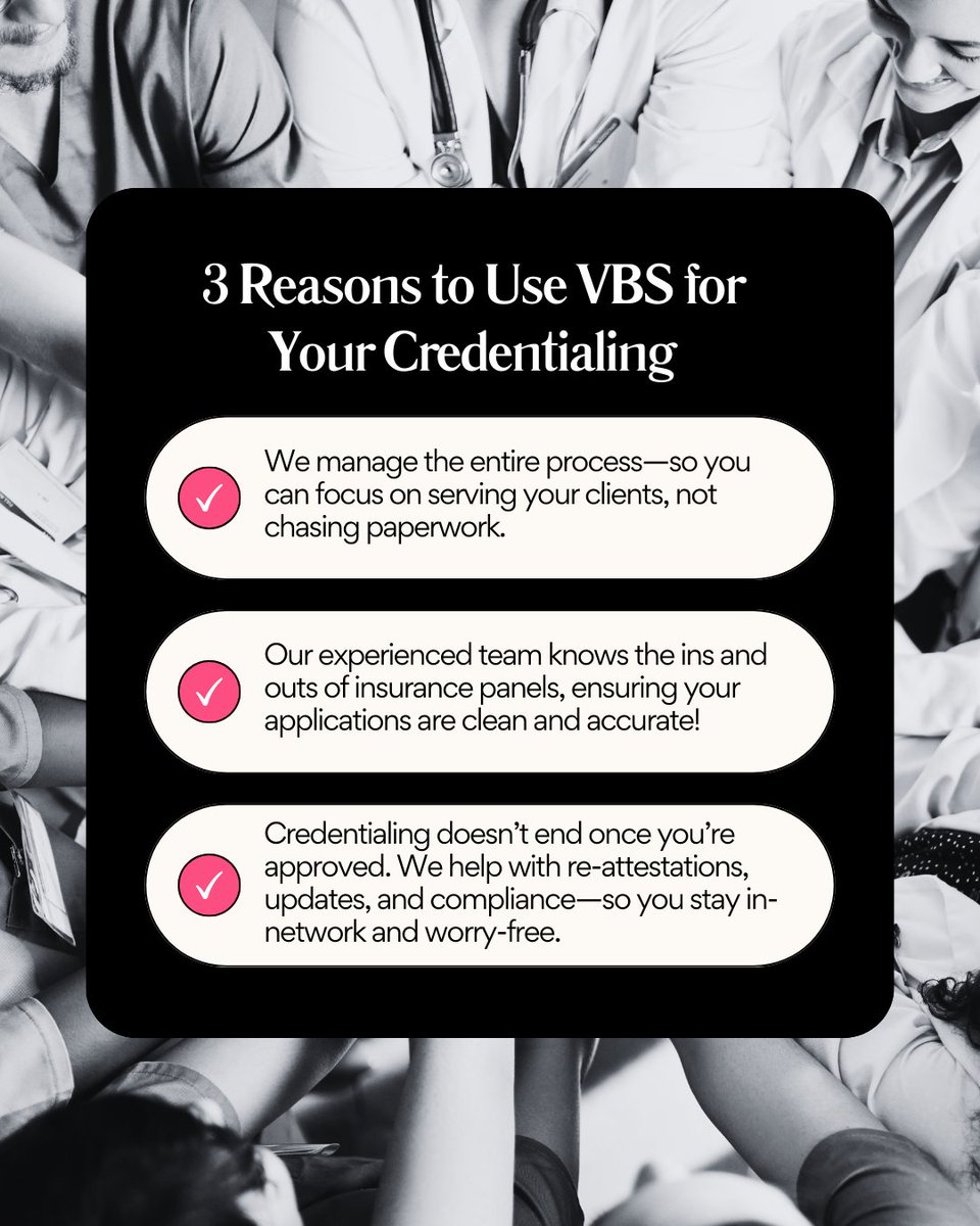 vbsvirtual's tweet image. Credentialing stressing you out? We handle it all!
#ProviderSupport #CredentialingHelp #PrivatePractice