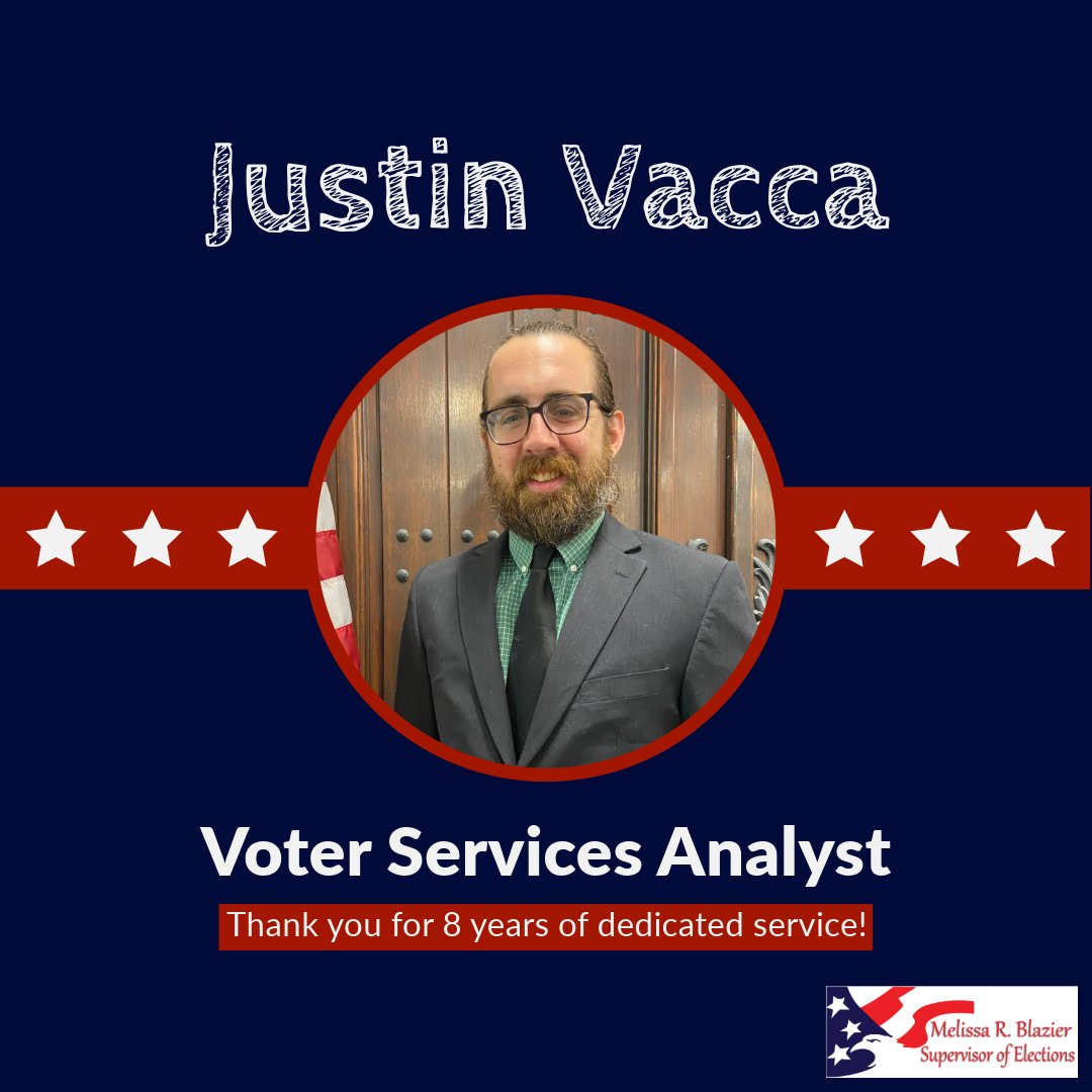 CollierVotes's tweet photo. Join us in congratulating our Voter Services Analyst Justin Vacca as he celebrates 8️⃣ years on our #ElectionsTeam! 🥳

Thank you for your dedicated service to our office and to the voters in Collier County! We couldn't do it without you! 🙌

#CollierVotes #WorkAnniversary https://t.co/b63KaGFRek