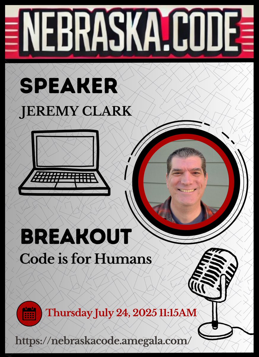 amegala's tweet image. @jeremybytes presents 'Code is for Humans' July 24th at Nebraska.Code().
nebraskacode.amegala.com
#Code #ReadableCode #PracticalTechniques #IT #Nebraska #CleverCode #TechologyConference @wewritecode @Tabs3Software @SDS2_Software @WesternBlotting @Vosaic @GetScoreVision @wabtec