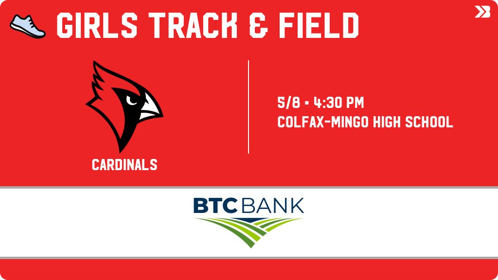 Girls Track &amp; Field (Junior High) Meet Day! - Check out the event preview for the Central Decatur Cardinals. It starts at 4:30 PM and is at Colfax-Mingo High School. gobound.com/ia/ighsau/girl…