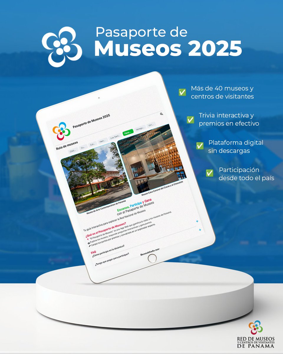 promtur_panama's tweet image. 🏛️ ¡Descubre Panamá como nunca antes!
Este mayo, activa tu #PasaportedeMuseos y recorre +40 museos del país.
✅ Aprende, explora y gana premios increíbles
✅ Conoce la historia, cultura y naturaleza panameña
📲 Más info y mapa digital aquí: loom.ly/82jv7fg