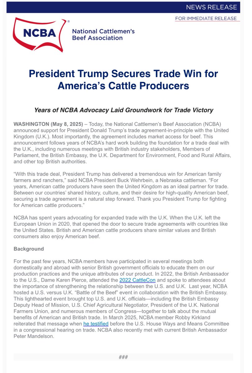 Rapid Response 47 (@rapidresponse47) on Twitter photo 🚨 The National Cattlemen’s Beef Association <a href="/BeefUSA/">National Cattlemen's Beef Association</a> releases a statement praising the trade deal with the UK:
“Thank you President Trump for fighting for America’s cattle producers.” 🚨 The National Cattlemen’s Beef Association <a href="/BeefUSA/">National Cattlemen's Beef Association</a> releases a statement praising the trade deal with the UK:
“Thank you President Trump for fighting for America’s cattle producers.”