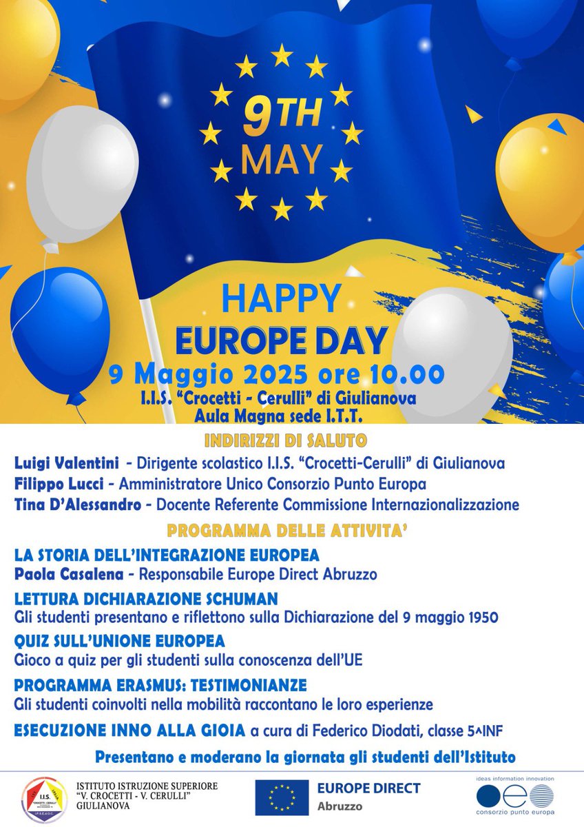 FESTA DELL’EUROPA 2025
La Giornata dell'Europa è un'occasione per celebrare la pace e l'unità nell'Unione europea.
Domani festeggeremo l’Europa con gli studenti dell’Istituto “Crocetti/Cerulli” di Giulianova.
#europeday #Festadelleuropa #UnioneEuropea