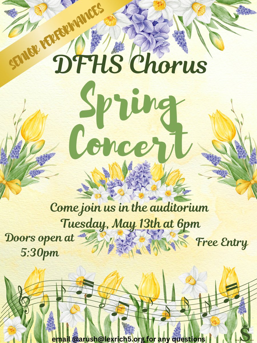 dutchforkhigh's tweet image. The DFHS Chorus program will have its annual Spring Concert on Tuesday, May 13th. The concert will start at 6:00pm and doors will open at 5:30pm. This event is free, so everyone is welcome to attend.