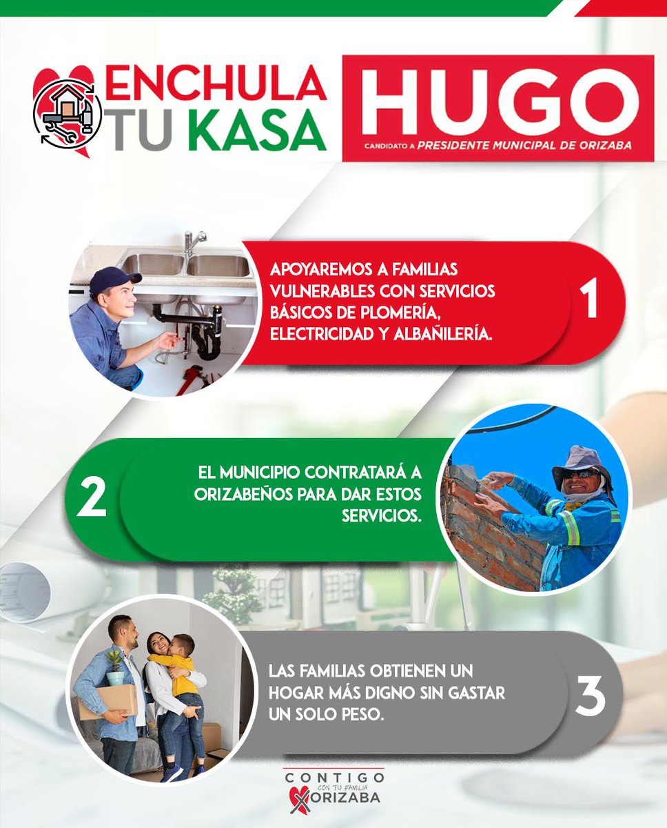 Les quiero compartir la primera de mis propuestas: 
"Enchula tu Casa", la cual beneficiará a los orizabeños, brindando mejoras para su hogar y, al mismo tiempo, generará fuentes de empleo.

#HugoCONTIGO #Hugocontufamilia #HugoxOrizaba