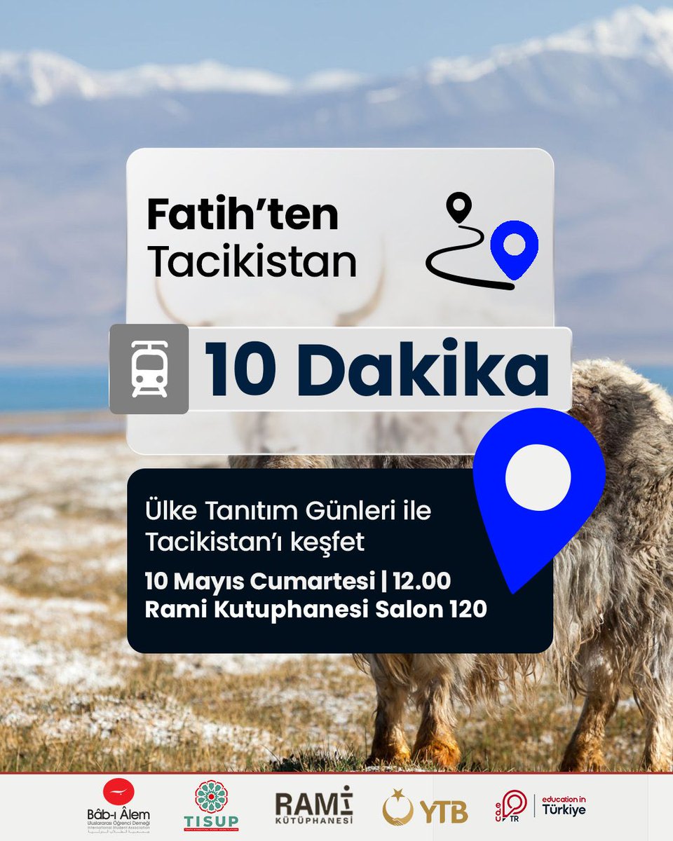 Tacikistan’ın kültürü, sanatı ve eşsiz atmosferi İstanbul’da hayat buluyor!

📍 Yer: Rami Kütüphanesi, B Giriş - Salon 120
📅 Tarih: 10 Mayıs 2025
🖼️ Sergi: 12.00
🎤 Program: 14.00