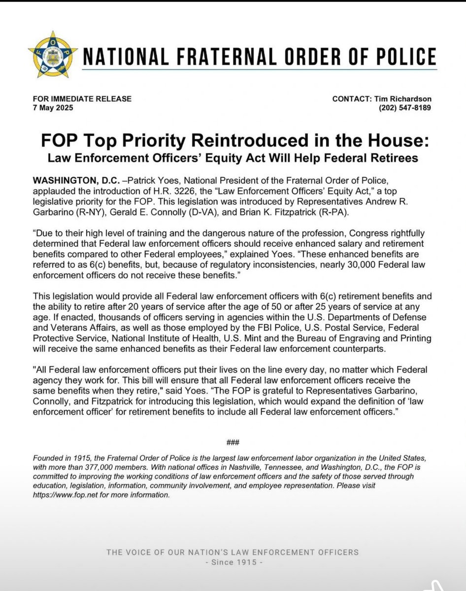 Fraternal Order of Police National President Patrick Yoes supports:
"Law Enforcement Officers' Equity Act," <a href="/GLFOP/">National Fraternal Order of Police (FOP)</a> 
fop.net/letter/h-r-322…