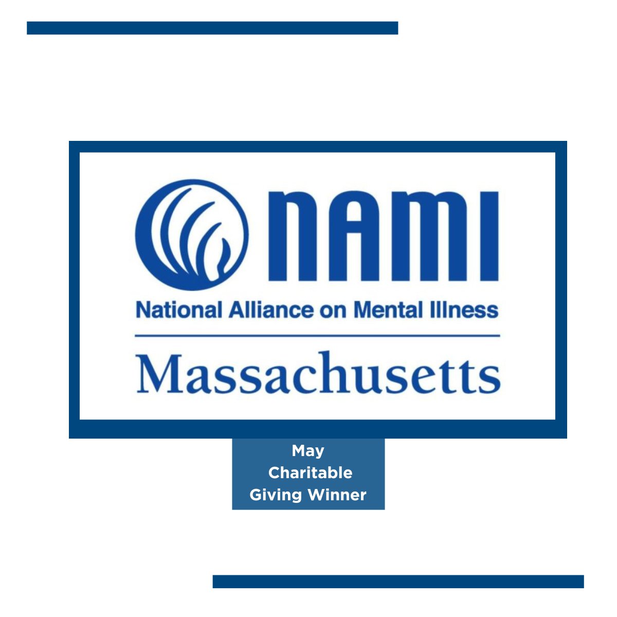 We are excited to announce May's Charitable Giving Winner, #NAMI Massachusetts, a #nonprofit organization that seeks to improve the quality of life for people living with mental health conditions, their families, and their caregivers.

Learn more here: bit.ly/3Z3GRBz