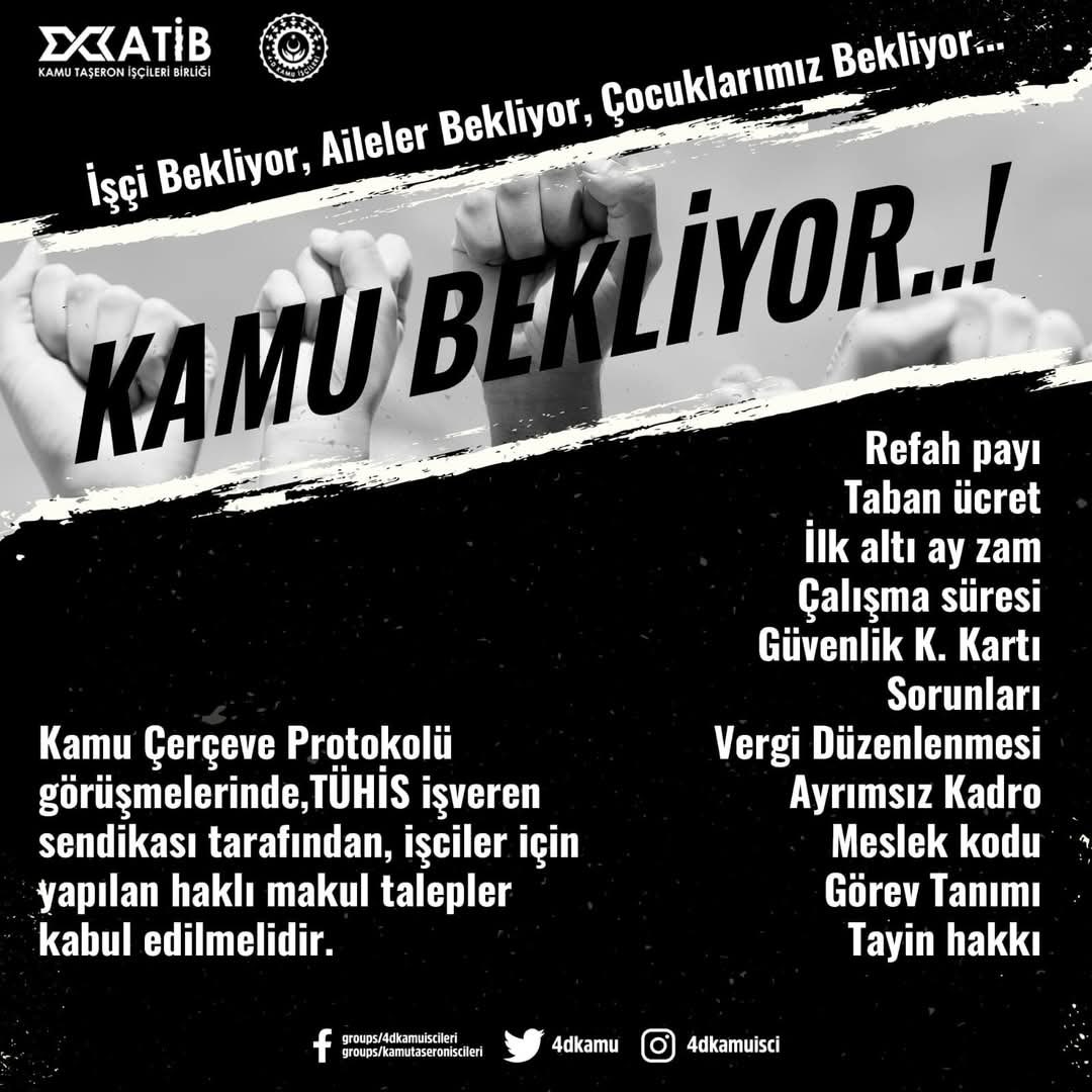 #Geçinemiyoruz
Alım gücümüzü koruyun emekçilerin taleplerine kulak verin Kamu Çerçeve Protokolü ve işyeri Toplu iş sözleşmeleri imzalanmaya başlansın..

TÜHİS ve ÇalışmaBakanlığıyetkilerini masaya davet ediyoruz <a href="/csgbakanligi/">T.C. Çalışma ve Sosyal Güvenlik Bakanlığı</a> <a href="/isikhanvedat/">Prof. Dr. Vedat Işıkhan</a> <a href="/memetsimsek/">Mehmet Simsek</a>