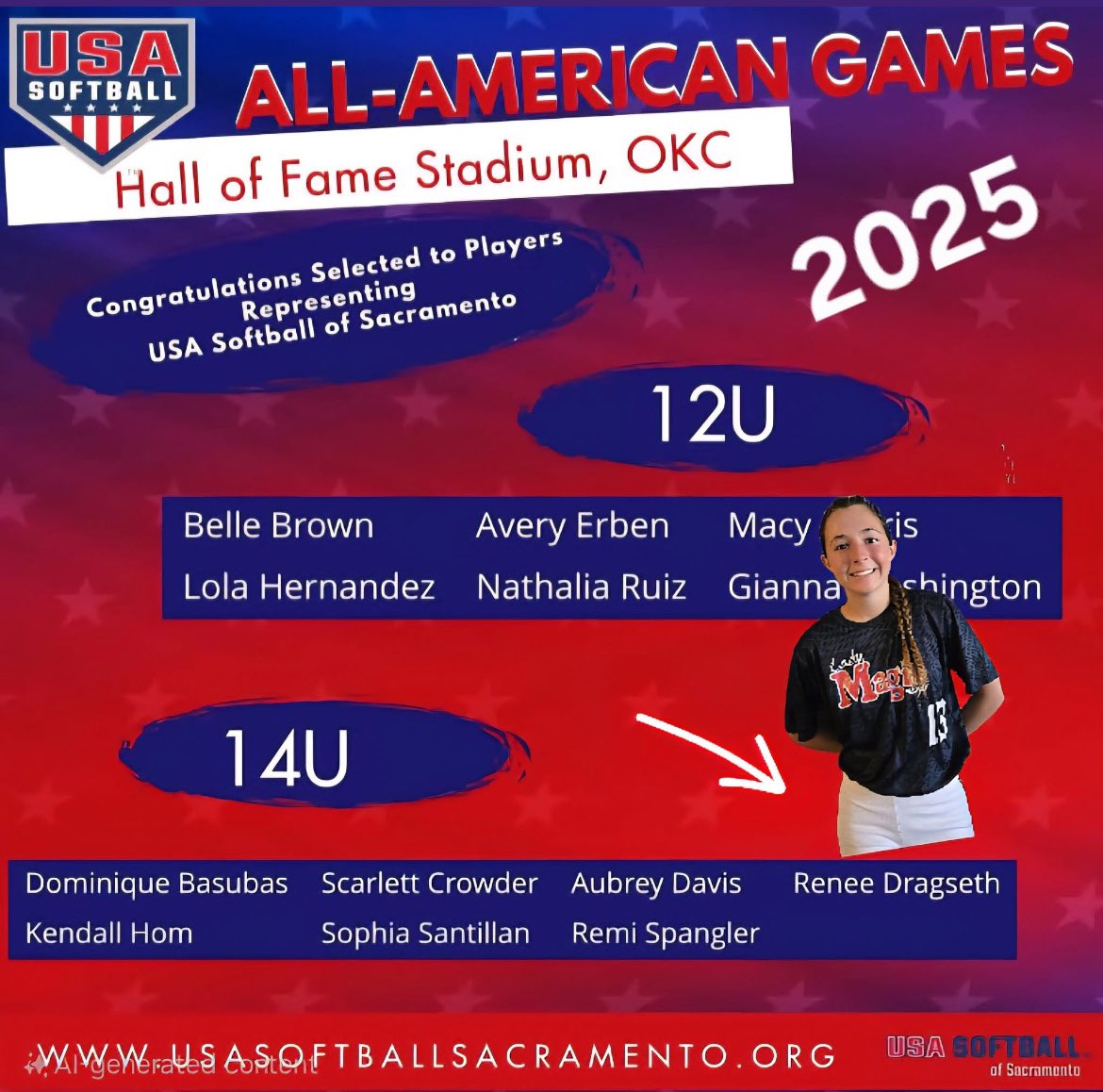 Congratulations Renee for being selected by @usasoftball_sacramento to represent Region 10 at the 2025 All-American Games in OKC later this summer 🇺🇸

#AllAmericanGames #USAsoftball #ladymagicsoftball