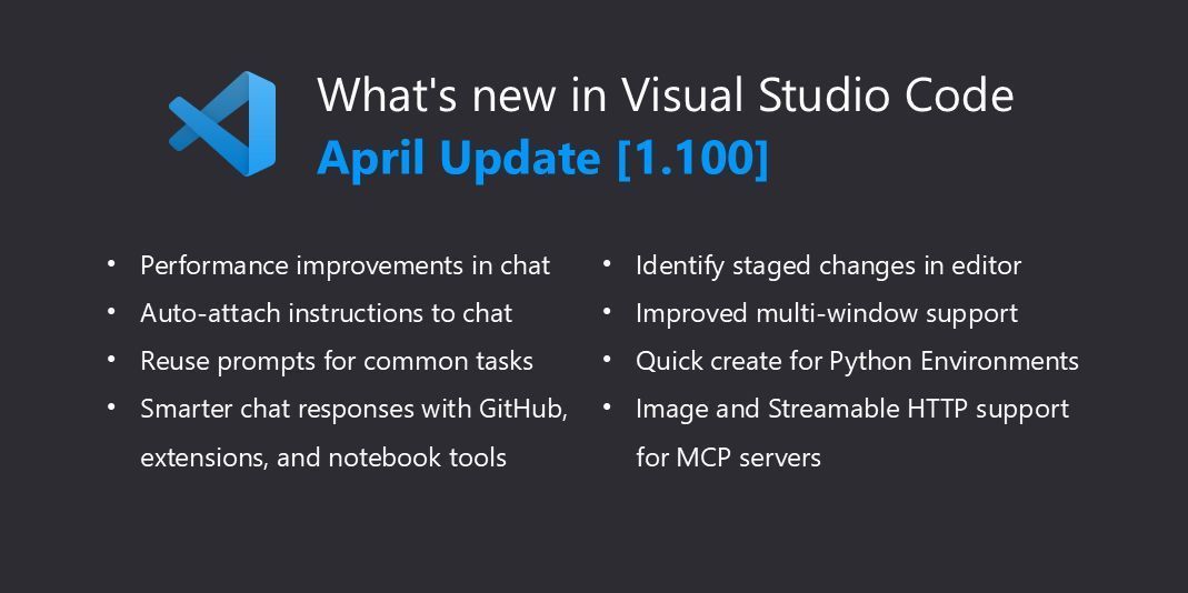 Visual Studio Code (@code) on Twitter photo 💯 v1.100 of <a href="/code/">Visual Studio Code</a> is here! And we’ve got some great updates for you, like:
- Smarter chat responses with new tools
- Improved multi-window support
- Image and Streamable HTTP support for MCP servers
…and so much more. aka.ms/VSCodeRelease
Here are some of the highlights… 💯 v1.100 of <a href="/code/">Visual Studio Code</a> is here! And we’ve got some great updates for you, like:
- Smarter chat responses with new tools
- Improved multi-window support
- Image and Streamable HTTP support for MCP servers
…and so much more. aka.ms/VSCodeRelease
Here are some of the highlights…