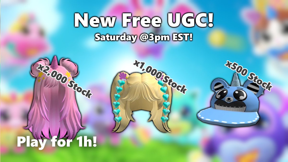 #Rainbocorns Free UGC Drop this Saturday!
- 🦄 Pink Long Wavy Unicorn Hair UGC [2,000 Stock]
- 💛 Yellow Mermaidcorn Hair UGC [1,000 Stock]
- 🐭 ChompChomp Baseball Cap UGC [500 Stock]
- 🍦 Nina's Icecream Hair UGC [100 Stock]
- 🦄 4 new Eastercorn pets!

#RobloxDev #ROBLOX