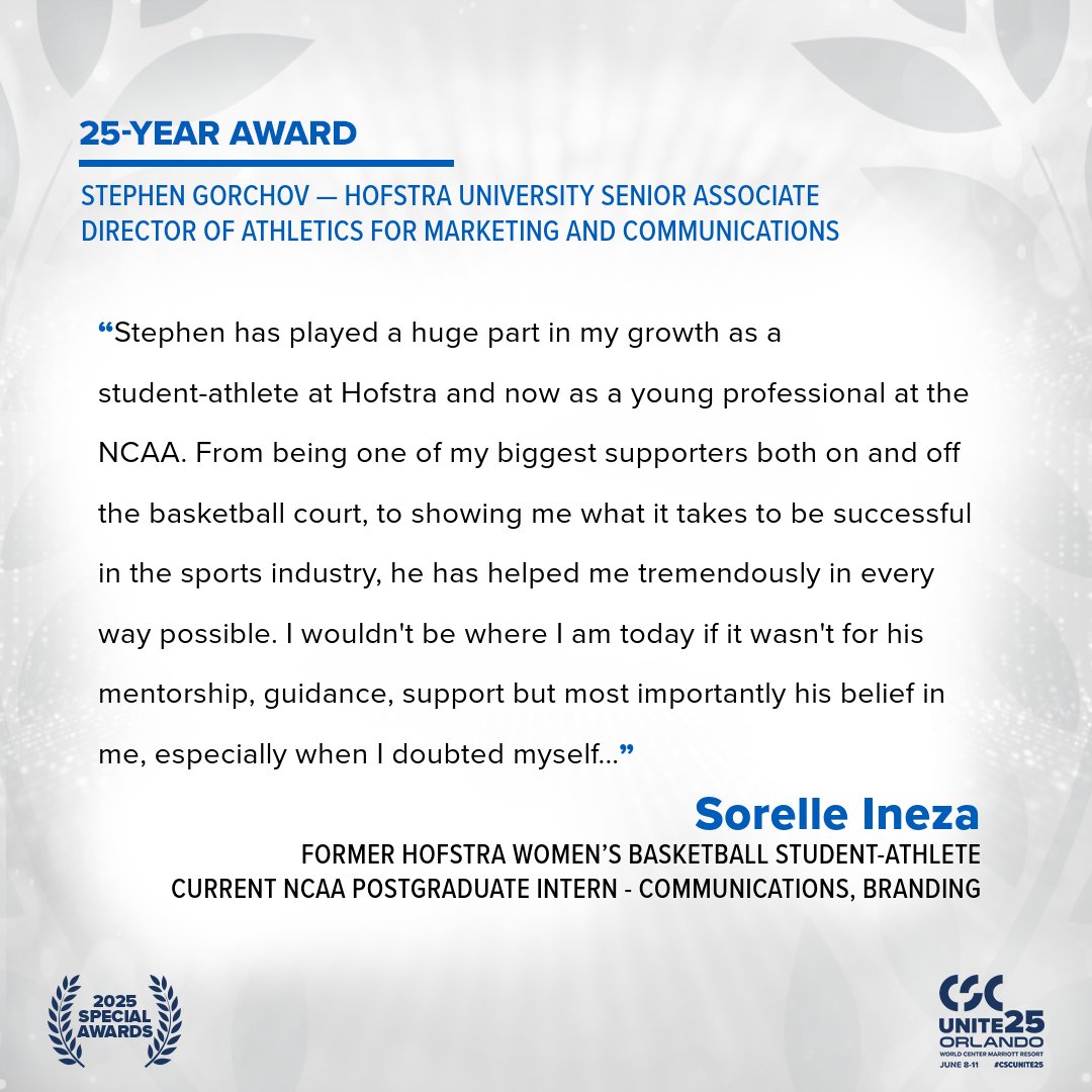 CollSportsComm's tweet photo. More on 2025 CSC 25-Year Award recipient Stephen Gorchov (@StephenGorchov) of @HofstraPride from former @HofstraWBB student-athlete and current @NCAA postgraduate intern, Sorelle Ineza (@SorelleI): https://t.co/Fo3CGlSAvW