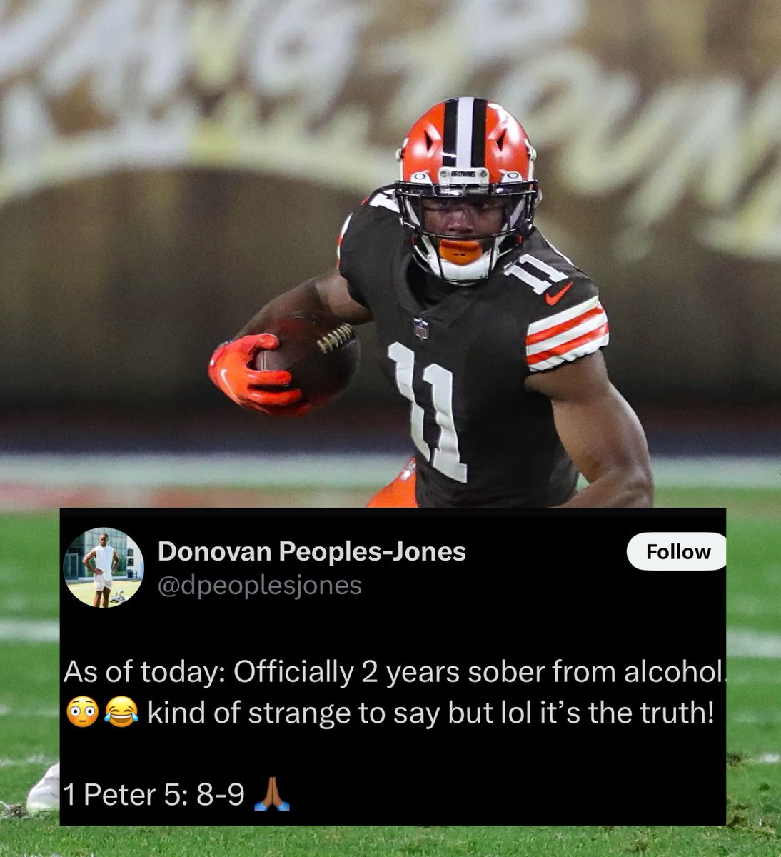 POWERFUL: Former #Browns standout Donovan Peoples-Jones posted that he is now two years sober from alcohol.

“As of today: Officially 2 years sober from alcohol. Kind of strange to say but lol it's the truth!”

🙏🙏🙏

Congrats to DPJ.