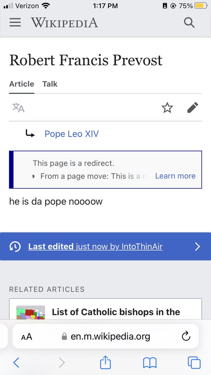 Wikipedia page of the new Pope Leo XIV