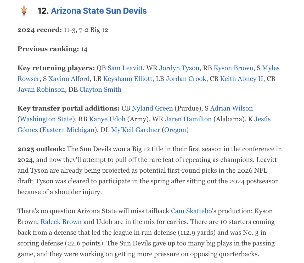 ASU clocks in at #12 in Mark Schlabach's post spring top 25. He gave his reasoning below.