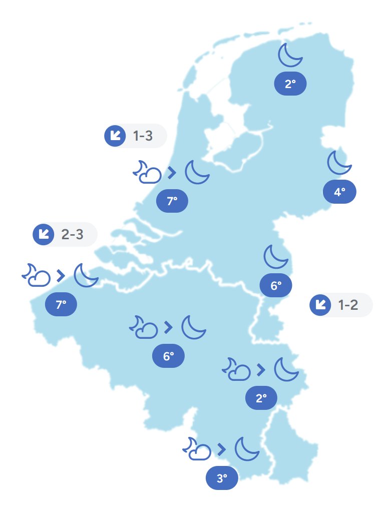 Goedenavond! Er zijn nog enkele wolkenvelden aanwezig in de Benelux, maar geleidelijk verdwijnen die met het ondergaan van de zon en wordt het overwegend helder. De temperaturen kunnen door de aanvoer uit het noordoosten nog eens goed zakken met minima tussen 2 en 7 graden. De