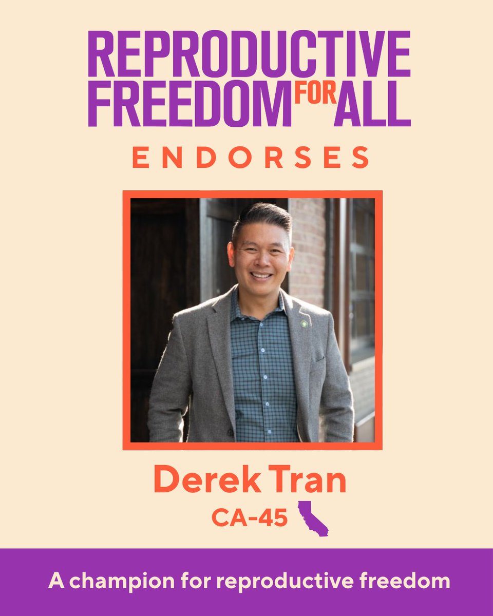 In his first months in Congress, <a href="/derektranCA45/">Derek Tran</a> is already delivering on his promise to protect repro freedom.

We're proud to endorse him for a second term in the U.S. House. 💪💜