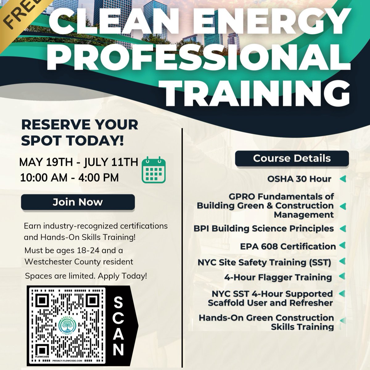 ATTN: 18–24 year old Westchester residents. You can earn industry-recognized certifications and hands-on clean energy professional training at no cost. Register at: ow.ly/9ejl50VPrv0 or contact Liz at eqo9@westchestercountyny.gov
