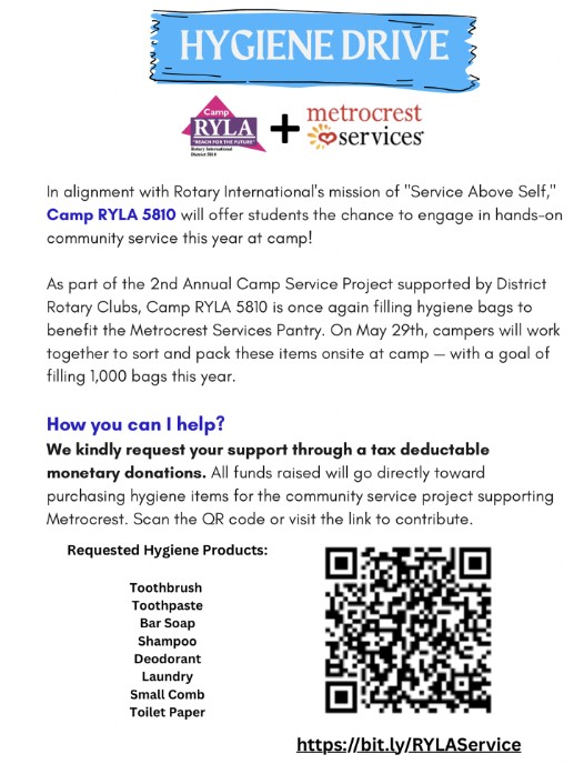 Camp RYLA 5810 will offer students the chance to engage in hands-on community service this year! Great cause and any donation amount helps!!!