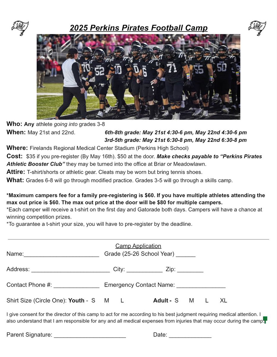 Perkins Pirates Football (@footballperkins) on Twitter photo Sign up information for our football camp below.
Pre-register ends on May 16th. Sign up information for our football camp below.
Pre-register ends on May 16th.