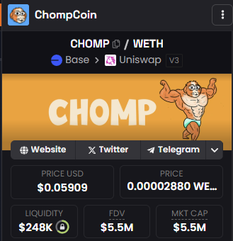 $CHOMP remains without a doubt the best possible R/R of any $ETH based meme. 

But especially on base, and especially now. 
 
It's now in line with current memecoin LPs, ~300k between both pools. 

The pumps will feel alot more amplified now. 

dexscreener.com/base/0xd95bae6…