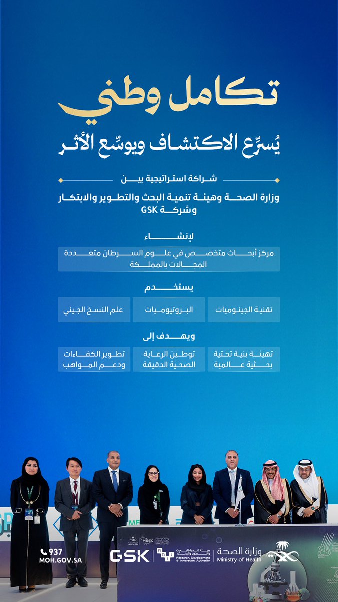 ابتكار جيني، وأثر عالمي ✨

تعاون استراتيجي بين وزارة الصحة، وهيئة تنمية البحث والتطوير والابتكار، وشركة GSK؛ لإنشاء مركز بحثي في علوم السرطان متعددة المجالات، يُسهم في تسريع حلول الرعاية الصحية الدقيقة، وتوطين البنية التحتية للبحث، تحقيقًا لمستهدفات #رؤية_السعودية_2030.