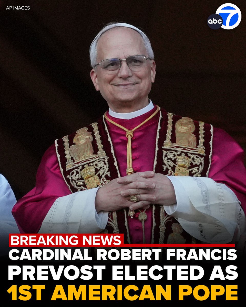ABC7's tweet image. #BREAKINGNEWS: Cardinal Robert Prevost, an American missionary who spent his career ministering in Peru and leads the Vatican's powerful office of bishops, was elected the first American pope in the 2,000-year history of the Catholic Church.
Prevost, 69, took the name Pope Leo…